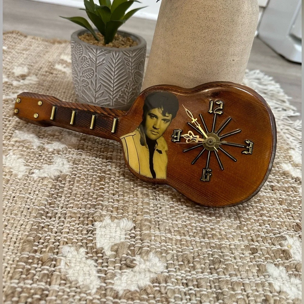 Vintage Elvis Presley Lacquered Wood Working Guitar Shaped Wall Clock
